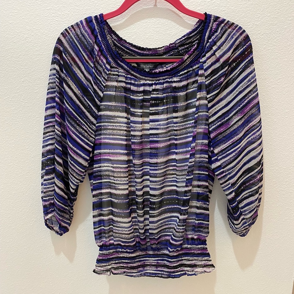 🆕Daisy Fuentes Ladies Purple Striped Semi-Sheer Blouse with Cami - S